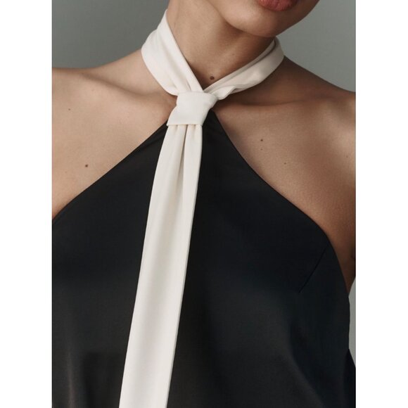 Anthropologie Flat White Satin Tie Halter Mini Dress Black Size M - Picture 4 of 6
